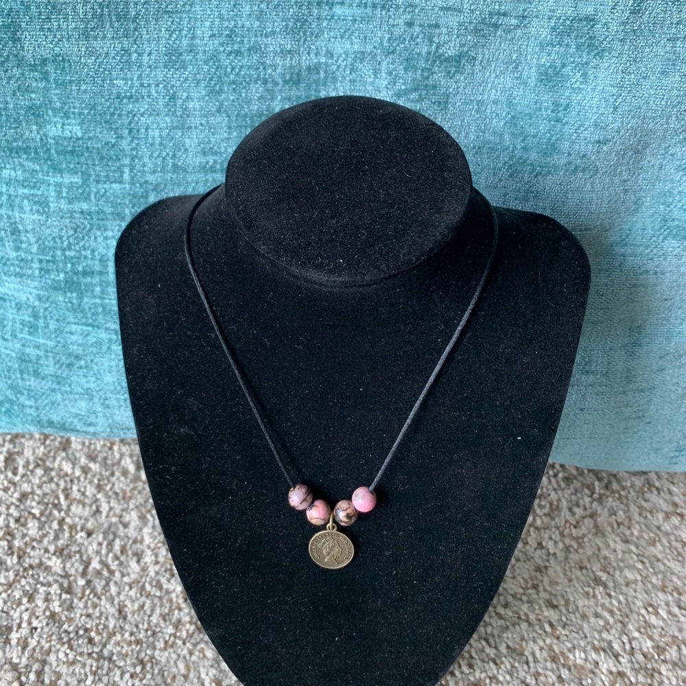 Black rhodonite stone beads & coin charm necklace